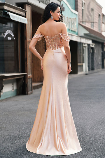 Champagne Havfrue Off the Shoulder Korsett Lang Ballkjole med Splitt